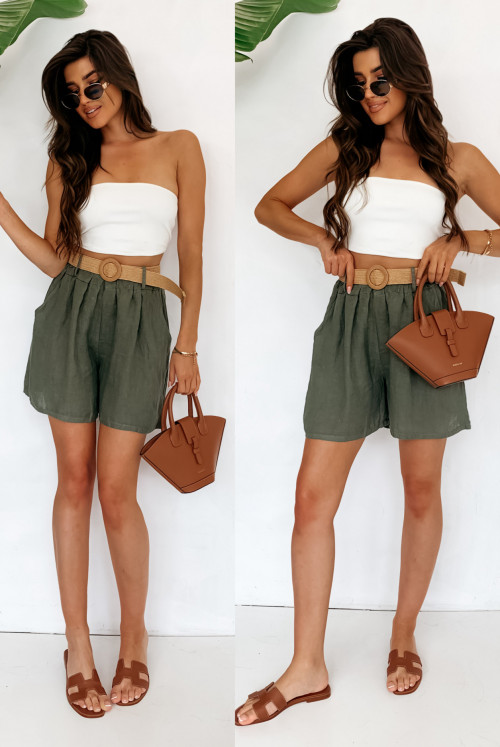 OUTLET! SPODENKI LNIANE Z PASKIEM - khaki