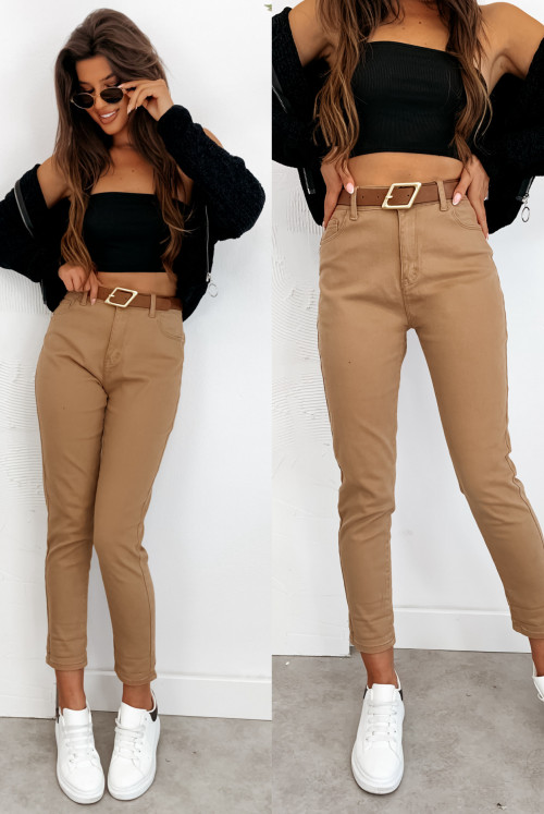 JEANSY MOMFIT CAMEL - z paskiem