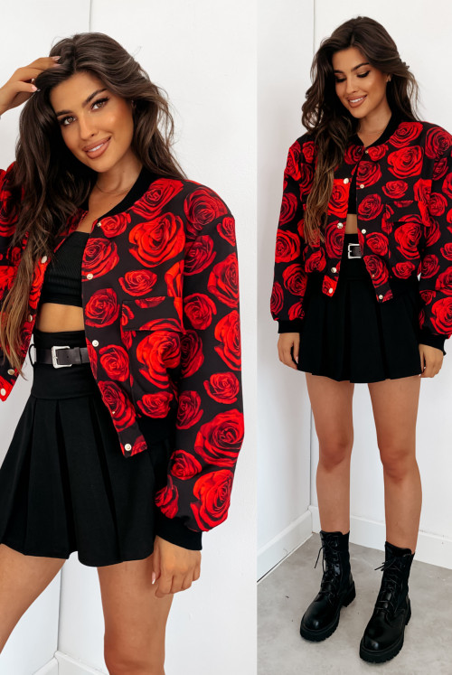 BOMBERKA BIKER RED ROSES - black