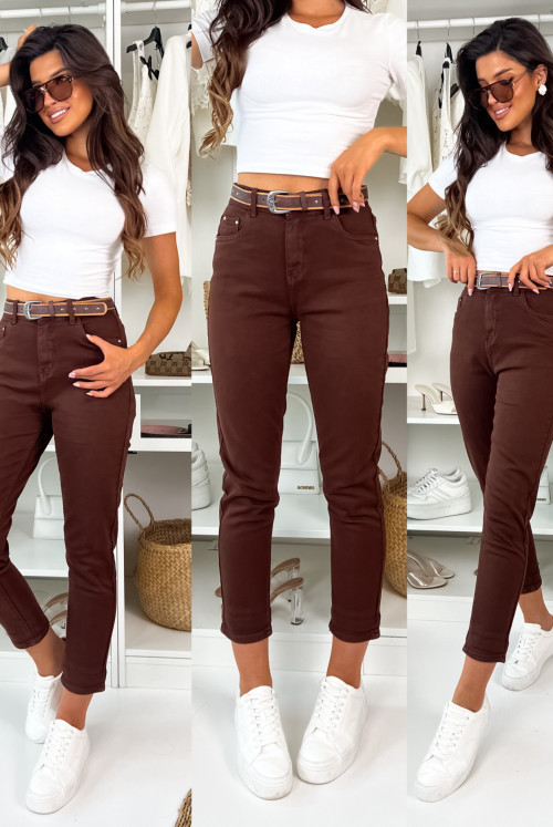 JEANSY MOMFIT FOREST Z PASKIEM - chocolate