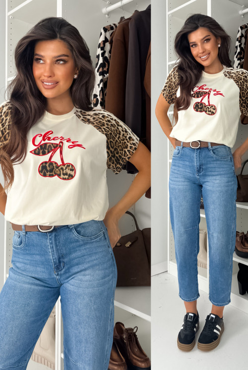 T-SHIRT CHERRY LEOPARD - white
