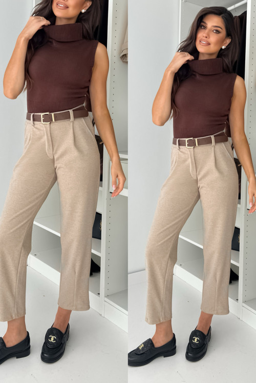 SPODNIE GABBEN Z PASKIEM - beige